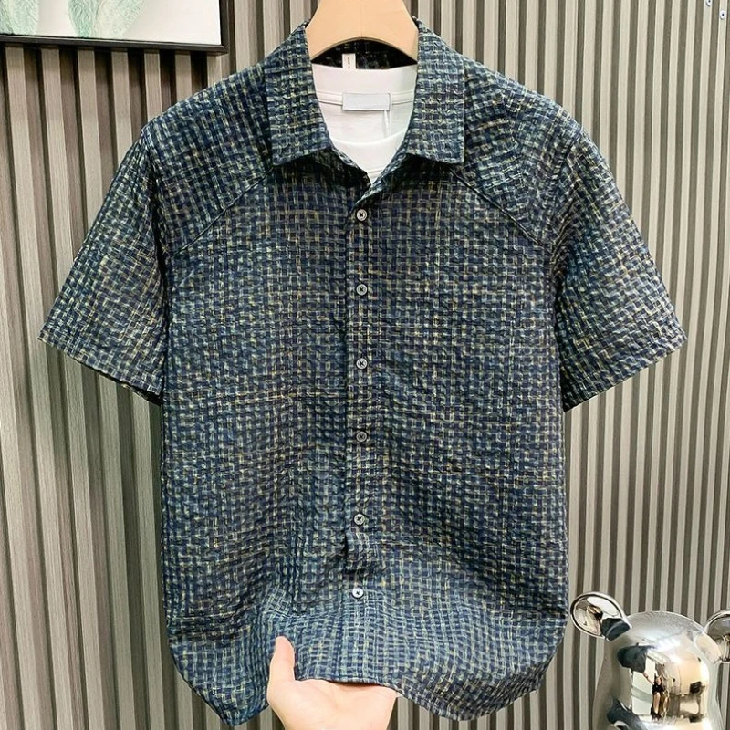

Summer Men's Check Shirt 2026 Short Sleeve Loose Fit Lightweight Textured Design Casual Stylish Versatile