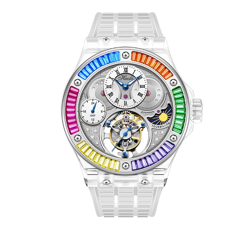 Haofa Luxury K9 Crystal Skeleton Tourbillon Mechanical Watch For Men GMT Flying Tourbillon Sapphire Wristwatches Day and Night