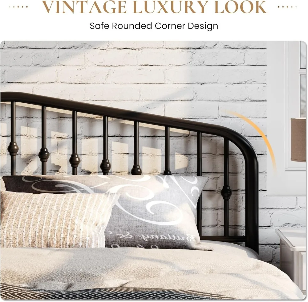 Cadre de lit plateforme en métal queen size avec tête de lit victorienne en fer forgé, aucun sommier tapissier nécessaire, finition noire