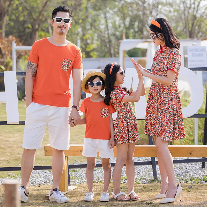 Summer Family Matching Outfits Mother Daughter Cheongsam Dresses Dad Son Cotton T-shirt &Shorts Holiday Matching Couple Clothes