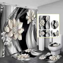 1/4PC Metal flow into flowers jewelry shower curtain set,waterproof shower curtain and waterproof non-slip carpet,12free hooks