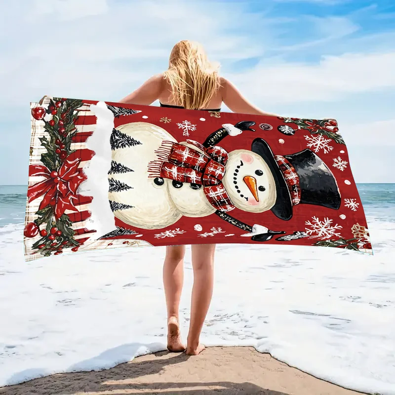 Vintage Decorated Xmas Tree Bauble Garland Snowy Base Graphic Beach Towel Red Background Seasonal Holiday Soft Pool Bath Towel