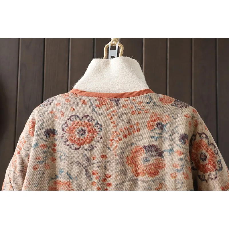 Warm katoen Jaet National Sle Print groot formaat dames dikke MM schuine flap knop ronde Ne lange Sve bloemen katoenen jas