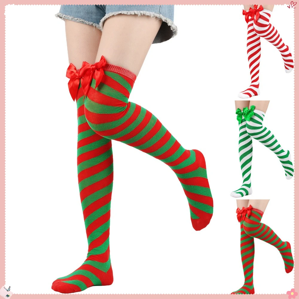 جوارب عيد الميلاد: جوارب مخططة قطرية معلمة على شكل فيونكة، جوارب بلون الحلوى، جوارب نسائية عالية الفخذ #1