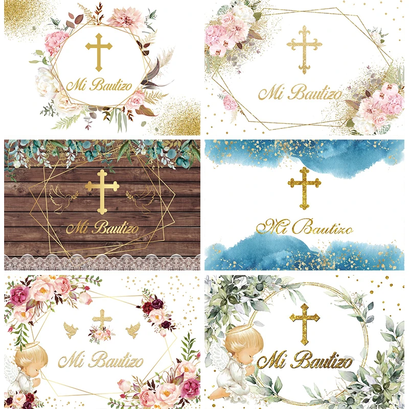 Mi Bautizo Background Angel Cross Wooden Wall Sign Banner Baptism Decorations Baby Christening Backdrop Photo Props Photography