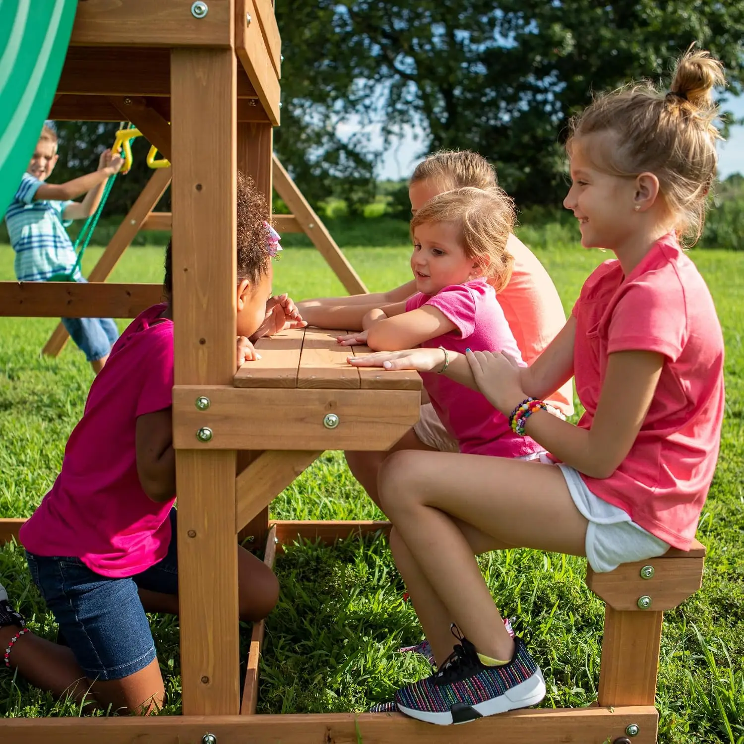 Belmont Cedar Wood Swing Set with Wave Slide, Play Deck, Rock Wall Ladder, Snack Bar Window, Shaded Picnic Area, Bench, Belt Swi