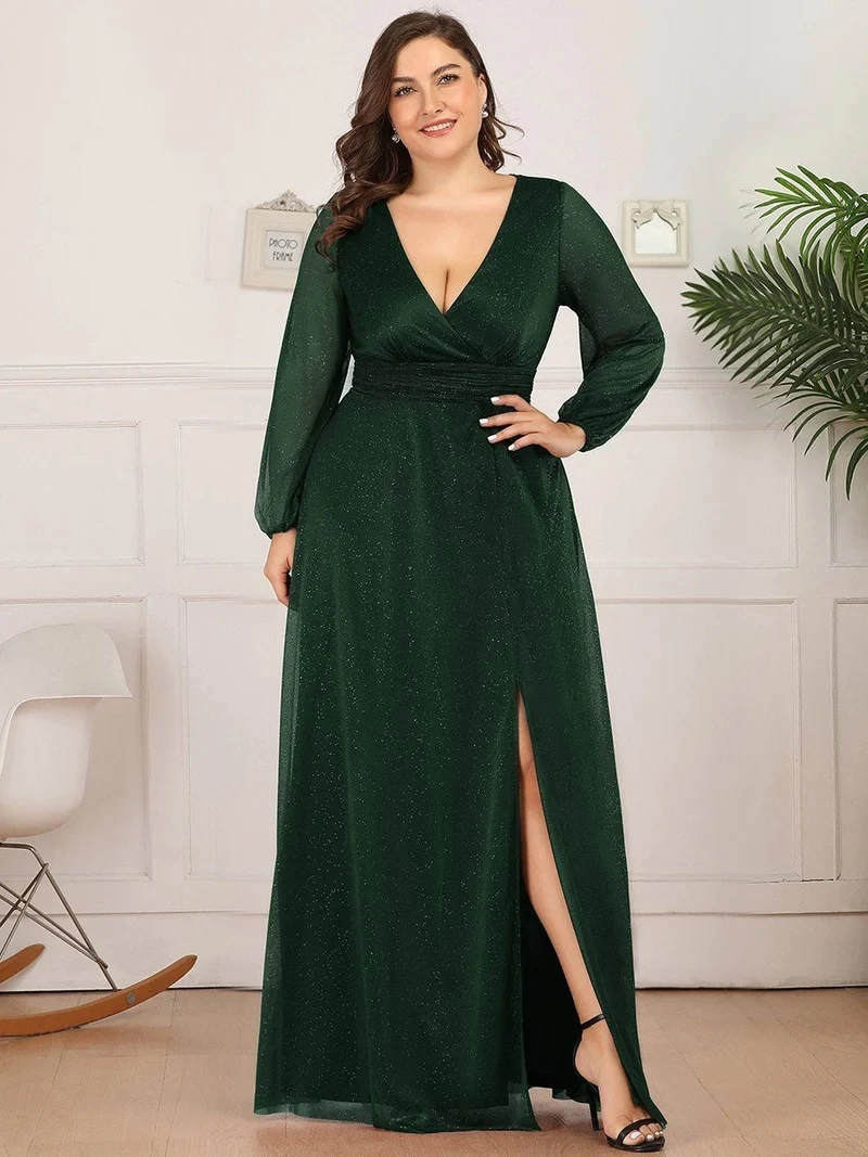 

Plus Size Luxury Women's Dresses Long Deep V-Neck Split Long Sleeves Floor-Length Gown 2024 BAZIIINGAAA of Prom Women Dress