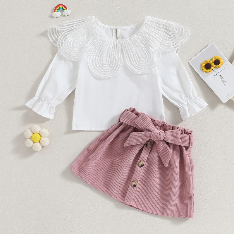 

Toddler Girl 2 Piece Outfit Solid Color Ruffle Long Sleeve Tops and Button Skirt with Belt for Toddler Fall Clothes