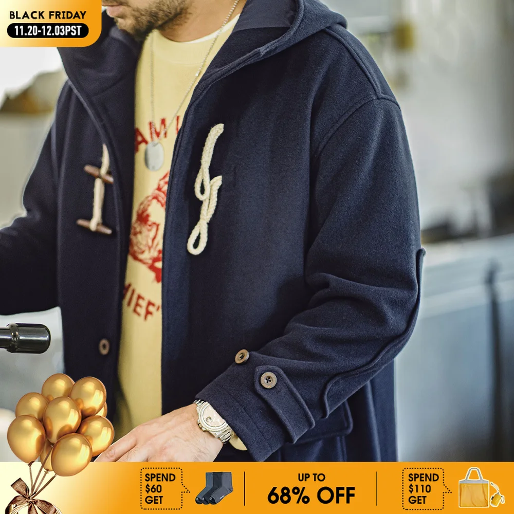 

Maden Unisex Retro Horn Button Hooded Coat College Style Loose Long-length Warm Solid-color Outerwear for Fall and Winter