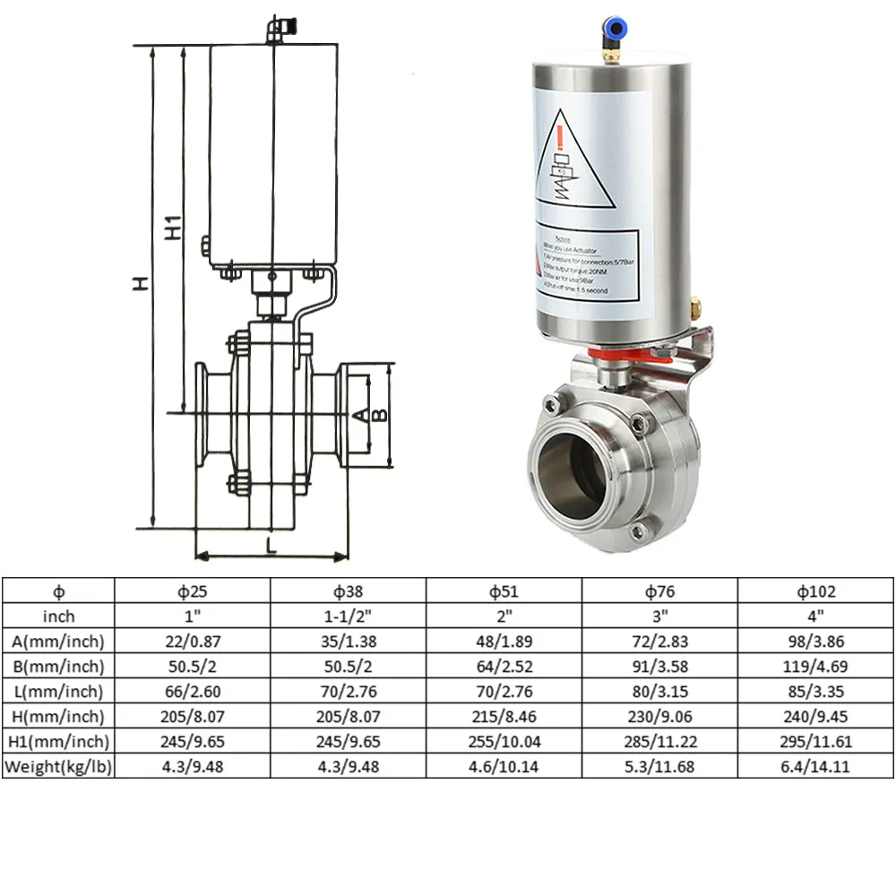 Imagem -03 - Válvula Borboleta do Atuador Pneumático Sanitário Válvula Borboleta Tri Clamp de Aço Inoxidável Equipamento Mecânico de Alimentos de Ação Única