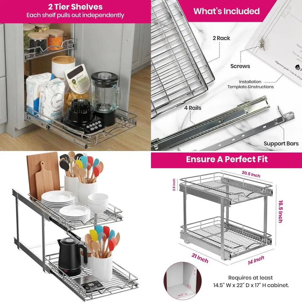 

Heavy-Duty 2-Tier Pull-Out Organizer, 100 lbs Capacity, 14W x 21D x 16.5H, Ideal for Kitchen & Pantry Storage