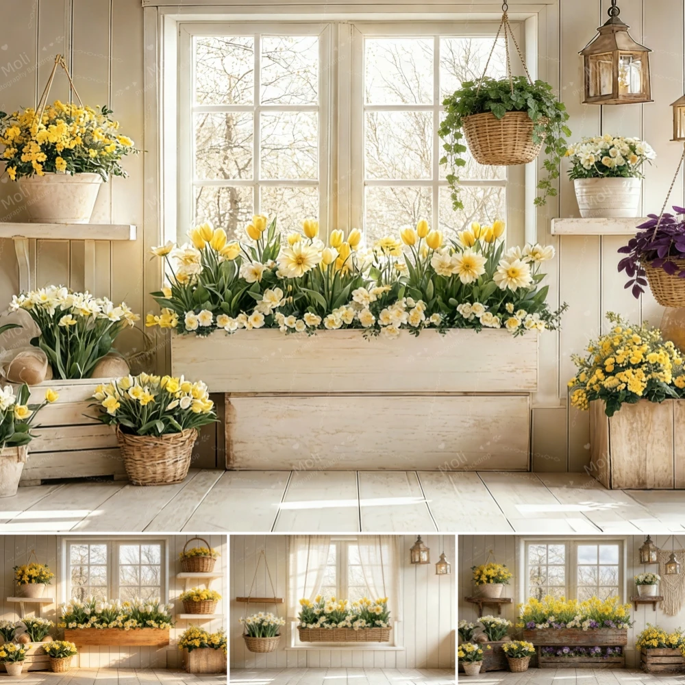 

Spring Flowers Backdrop Wooden Wall Blue Yellow Flowerpot Basket Wedding Decor Portrait Photography Background Studio Props
