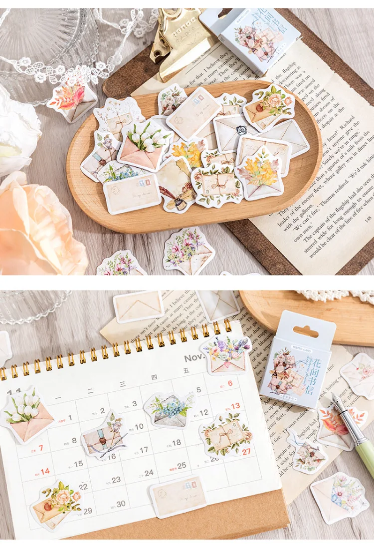 46Pcs Flower Envelope & Letter Stickers per Box for Junk Journal Diary Planner Scrapbooking Decorative DIY Craft