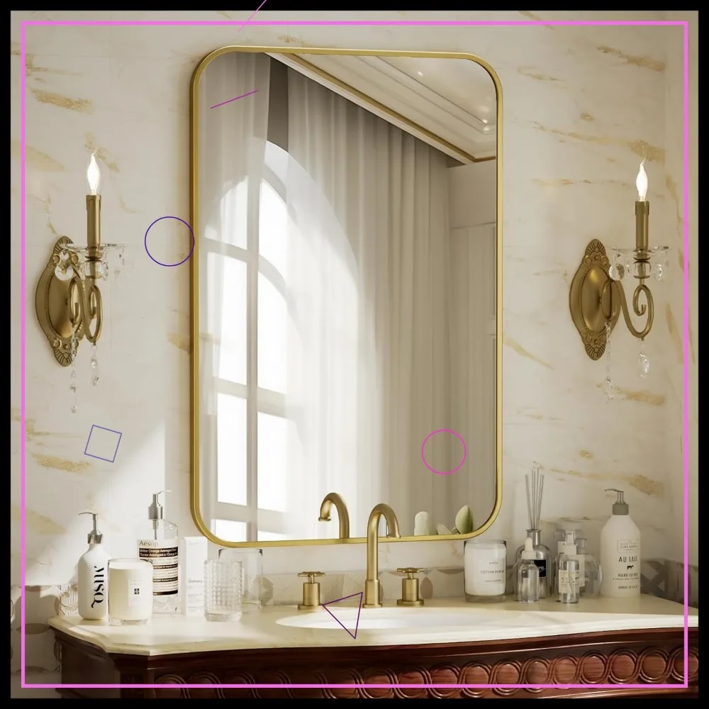 24x36 인치 골드 직사각형 알루미늄 프레임 벽거울, 둥근 모서리, 파손 방지 디자인