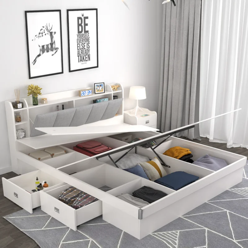 The product can be customizedAir pressure high box storage bed, 1.8m double bed, 1.5m small-sized flat bed, modern and s