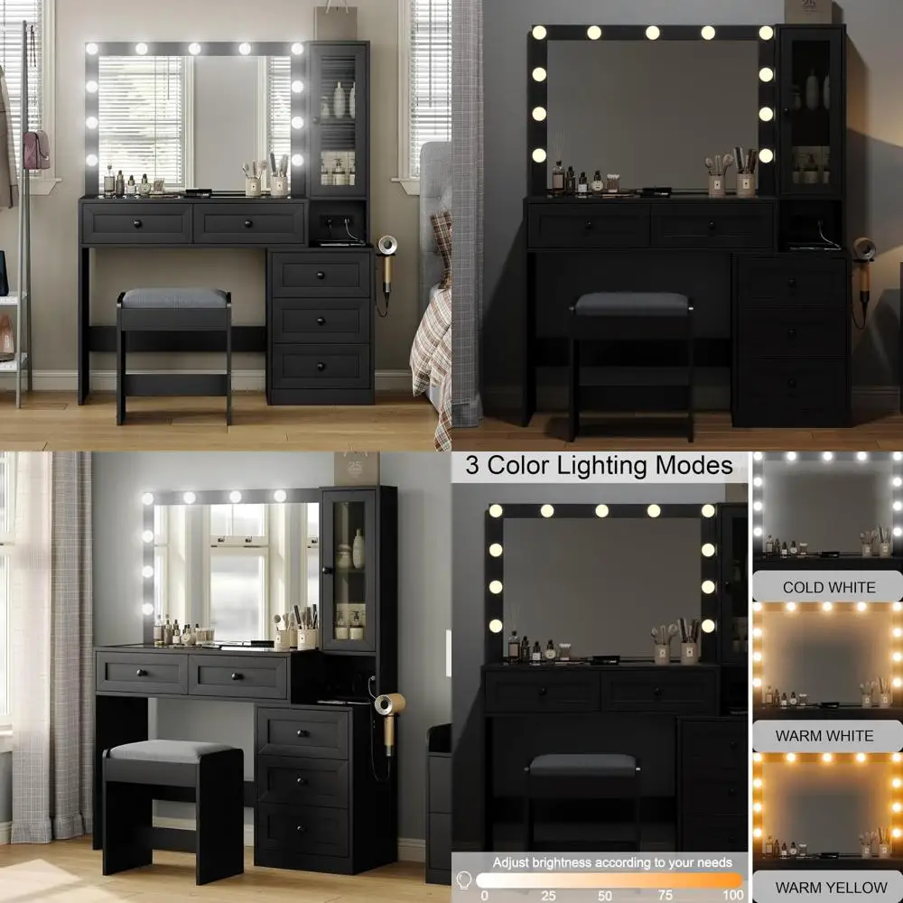 مكتب زينة بعرض 43 بوصة مع مرآة و11 مصباحًا، مكتب مكياج حديث مع سطح زجاجي ومقعد مبطن، 3 أوضاع إضاءة #1