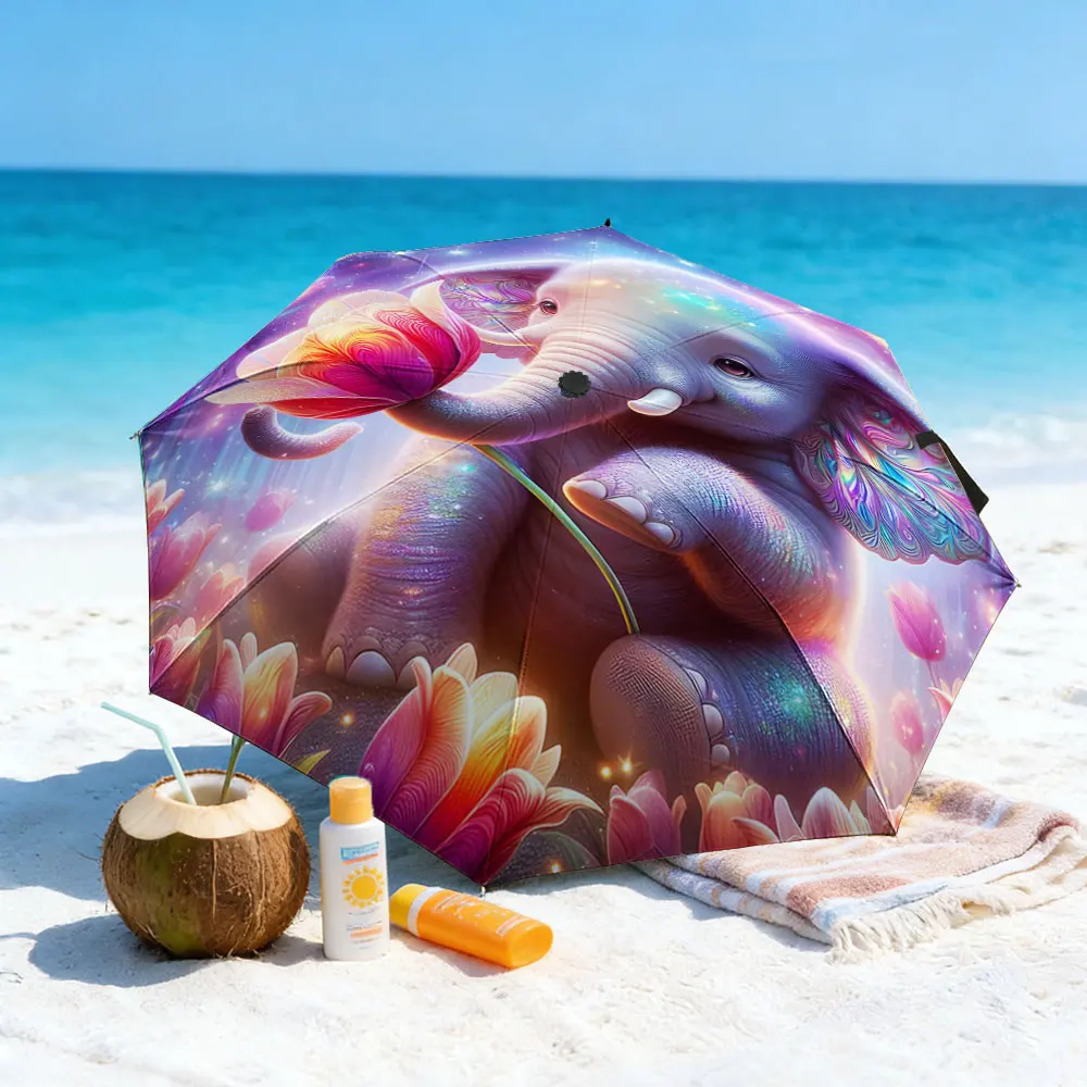 1PC Colorful Fantasy Elephant Umbrella by the Lake Print 8 Iron Ribs Folding Umbrella Auto-Open Fashion Sunshade