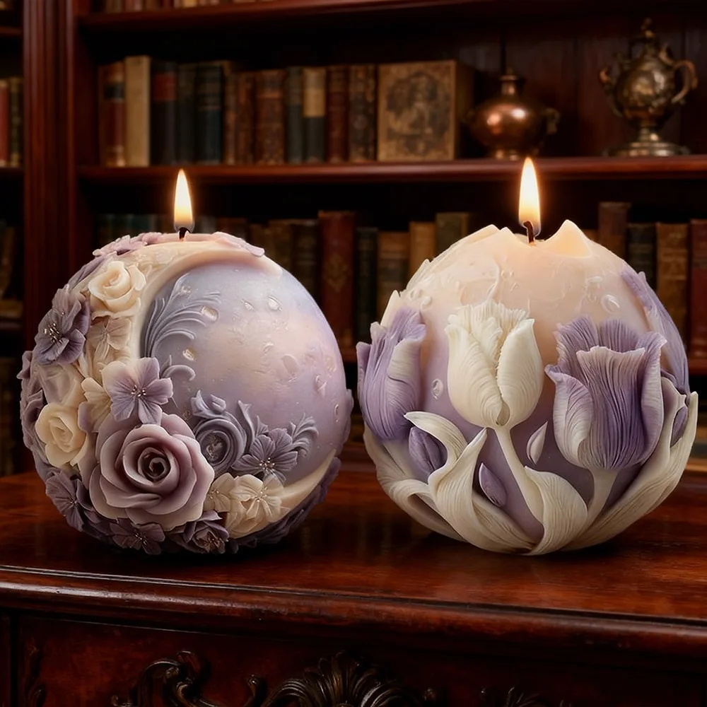 Moon Rose Tulip Ball Candle Silicone Mold 3D Embossed Flower Soap Resin Plaster Clay Making Tool DIY Home Decor Valentine's Gift