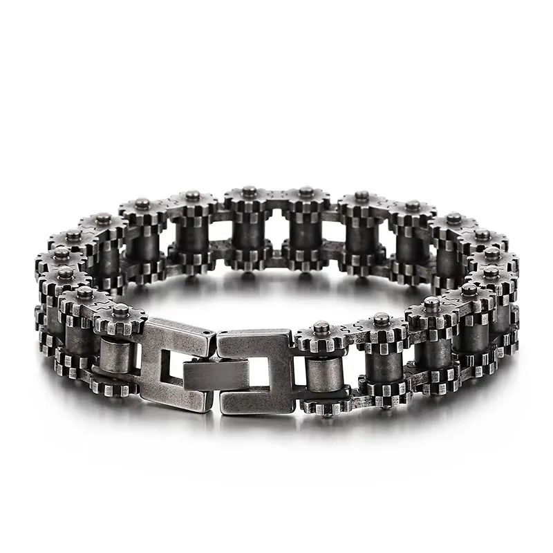 Fongten 22cm Bracelet For Men Stainless Steel Bicycle Motorcycle Chain Men Bangle Bracelets Rotre Black Color Hip Hop Jewelry