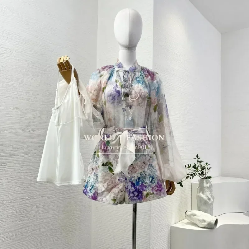 

Новая коллекция 2025, женские светло-фиолетовые комплекты блузок с длинными рукавами и оборками с цветочным принтом, топы и шорты