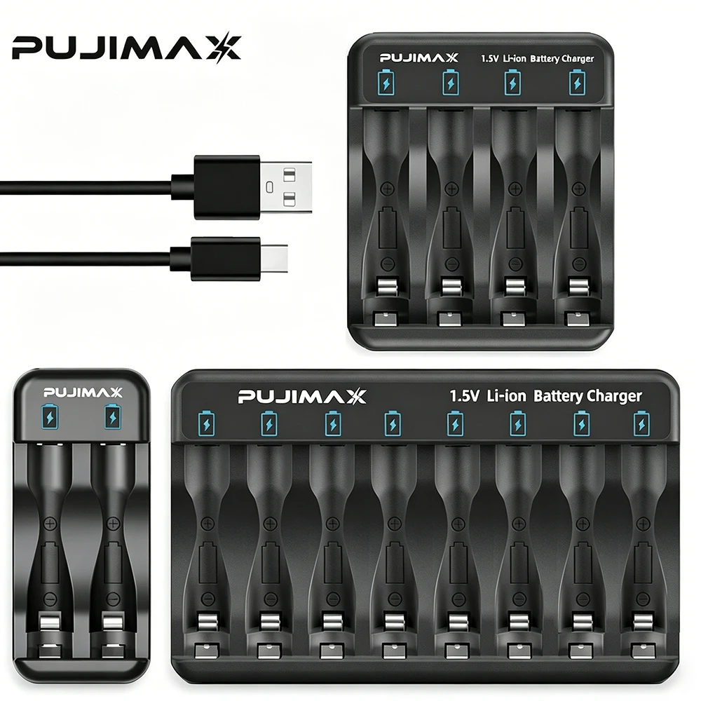 

PUJIMAX 2/4/8-slot Battery Charger for 1.5V AAA/AA Li-on Rechargeable Battery Short Circuit Protection LED Display USB Charger