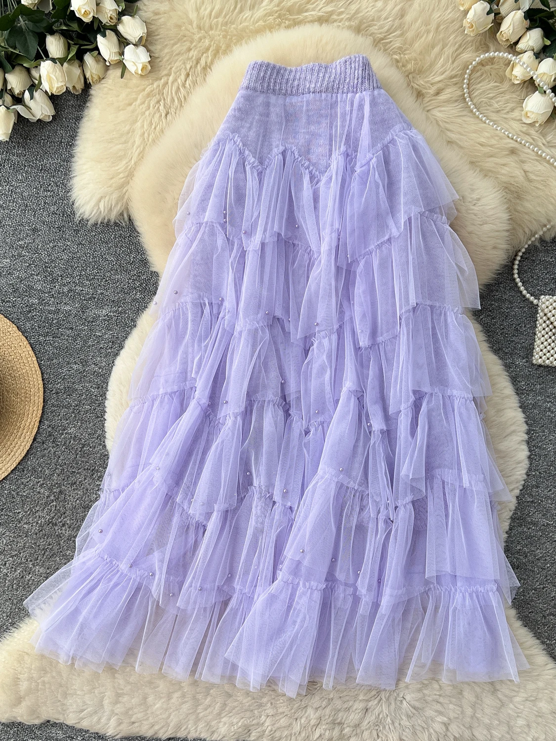 Fairy Style Beaded Tulle Cake Skirt Women's High Waist Slimming Puffy Midi Multi-layered Skirt Commute Autumn Fashion