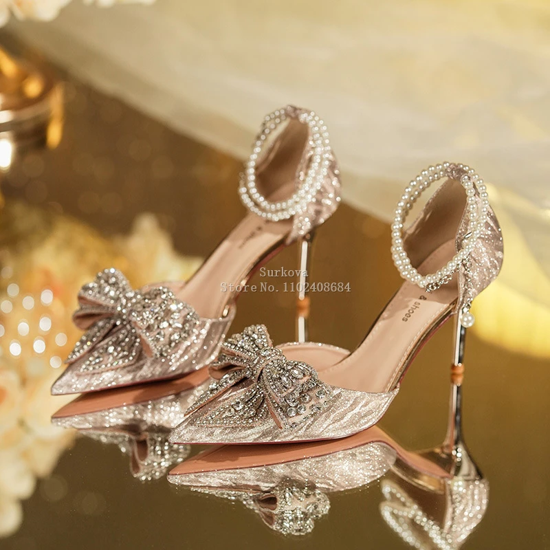 

Rhinestone Bowknot Bling Sandals Elegant Pointed Toe Hollow Out Pearl Chain Ankle Strap Pumps Modern Dress Thin High Heels Shoes