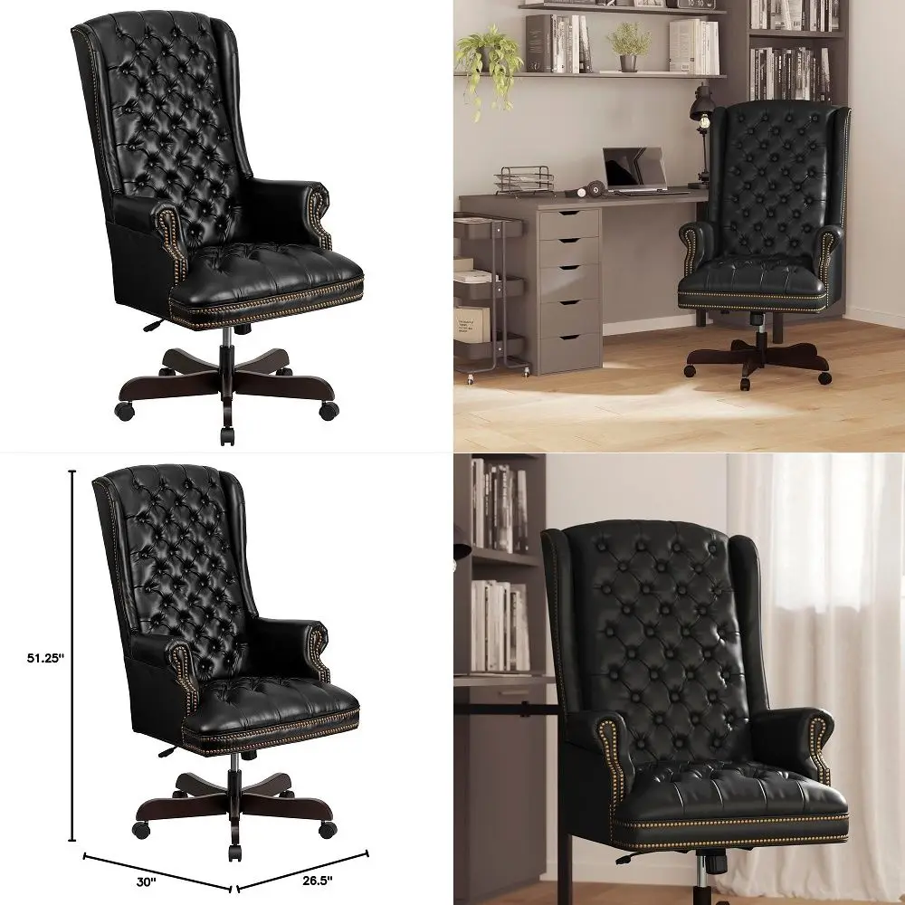 

High Back Traditional Fully Tufted Black LeatherSoft Executive Swivel Ergonomic Office Chair with Arms