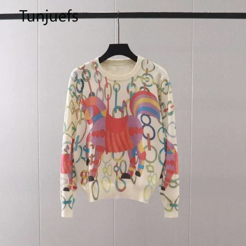 

Women's Sweater Pullovers Rainbow Horse Print sweater women luxury brand Long Sleeve Knit Jumper Y2k Tops female clothes winter