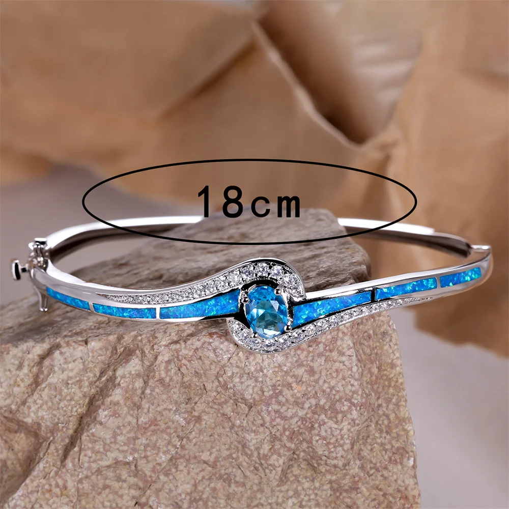 Aqua Blue Crystal Oval Stone Bangle Blue Fire Opal Bracelets For Women Classic Silver Color Wedding Engagement Jewelry Mom Gifts