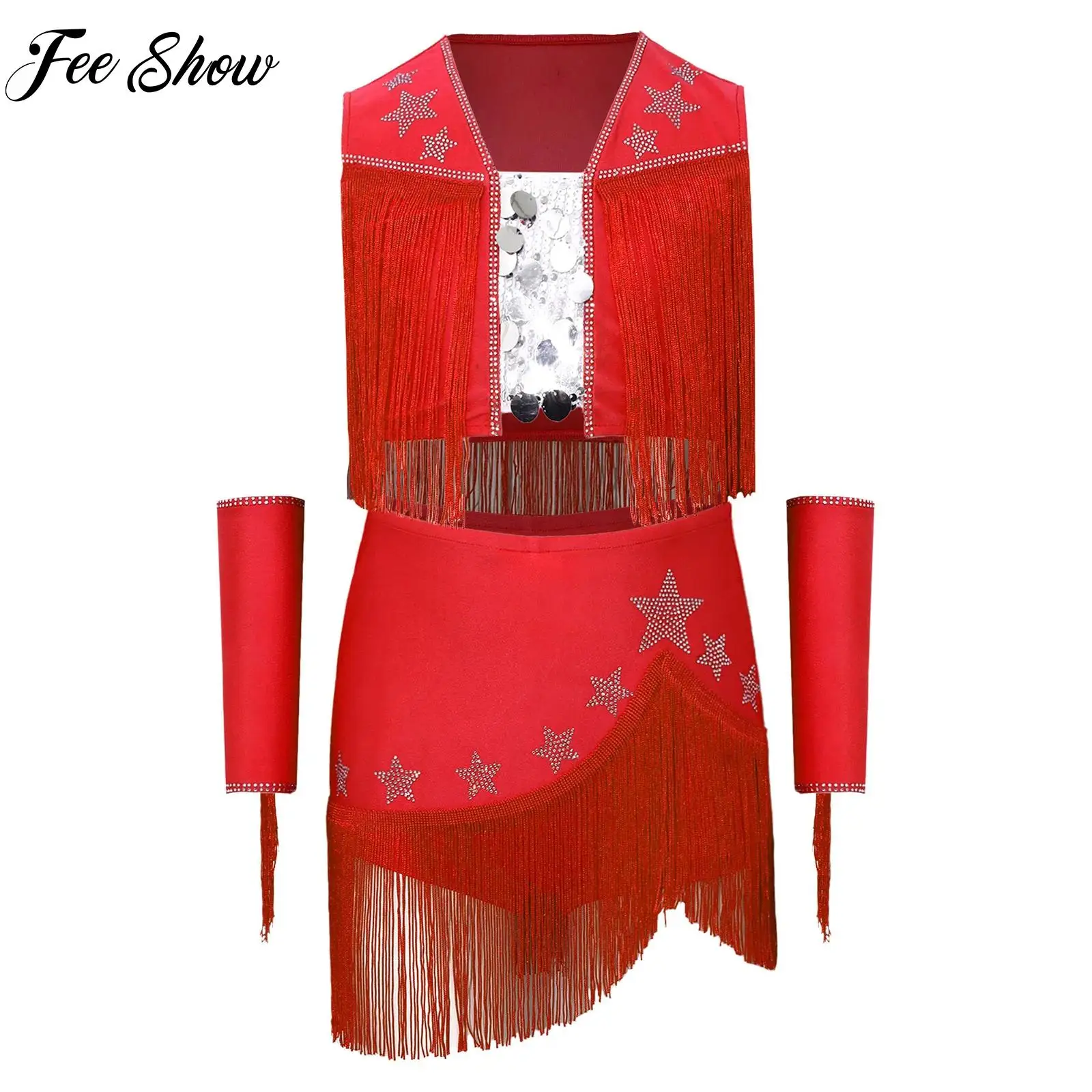 Kid Girls Cowboy Dress-up Halloweeen Party Clothes Outfit Sleeveless Tassel Sequin Rhinestones Top Fringed Skirt And Oversleeves