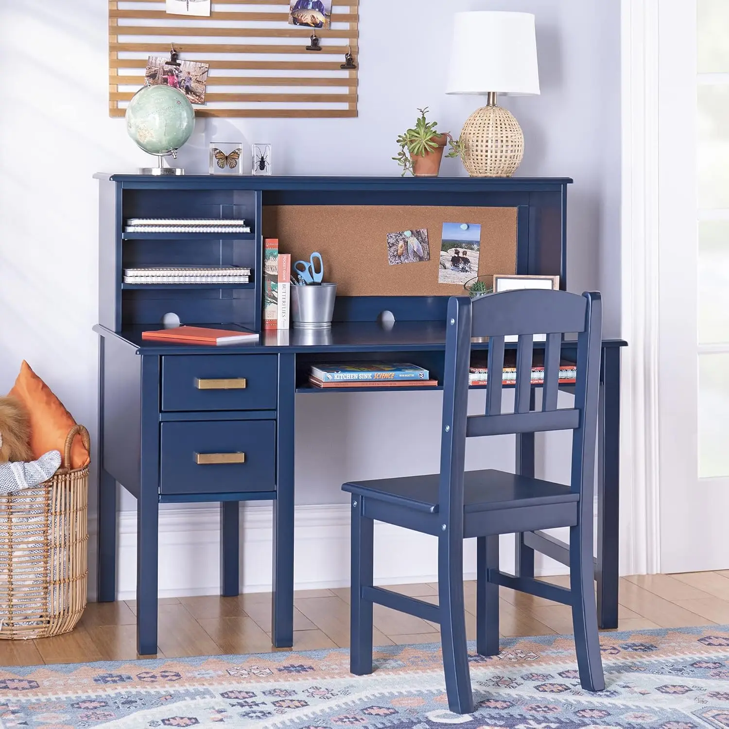 Guidecraft-Ensemble bureau et chaise Taiga pour enfants avec huche, poste de travail informatique en bois bleu marine avec étagères de rangement