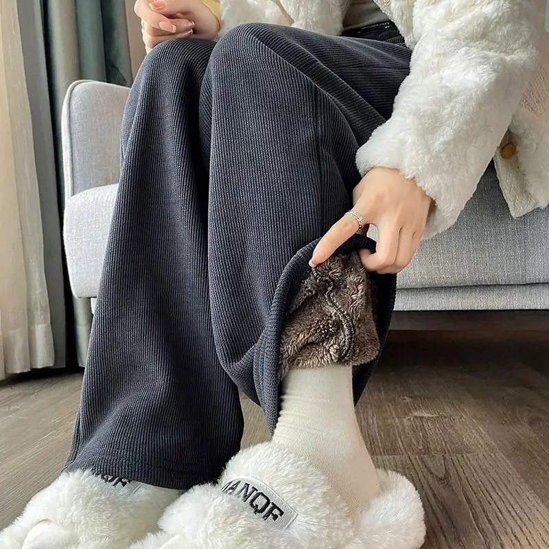 Pantalones rectos gruesos de lana de cordero para mujer, Pantalones informales elásticos de cintura alta, forro polar, pierna ancha, elegantes y