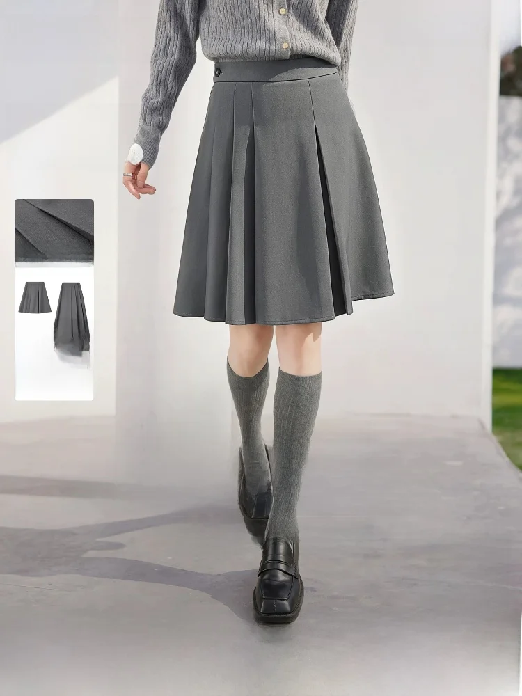 

Gray A-Line Skirt Women's Spring Summer Slimming Pleated Skirt Commute Style Low Waist Polyester Blend Standard Fit