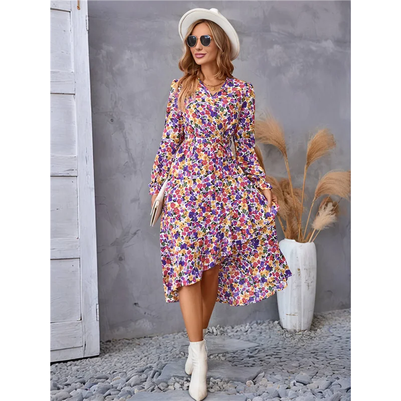 فستان نسائي صيفي بوهو ماكسي مزين بالزهور وأكمام طويلة ورقبة على شكل V وكشكش على شكل حرف a فساتين طويلة لحفلات الزفاف