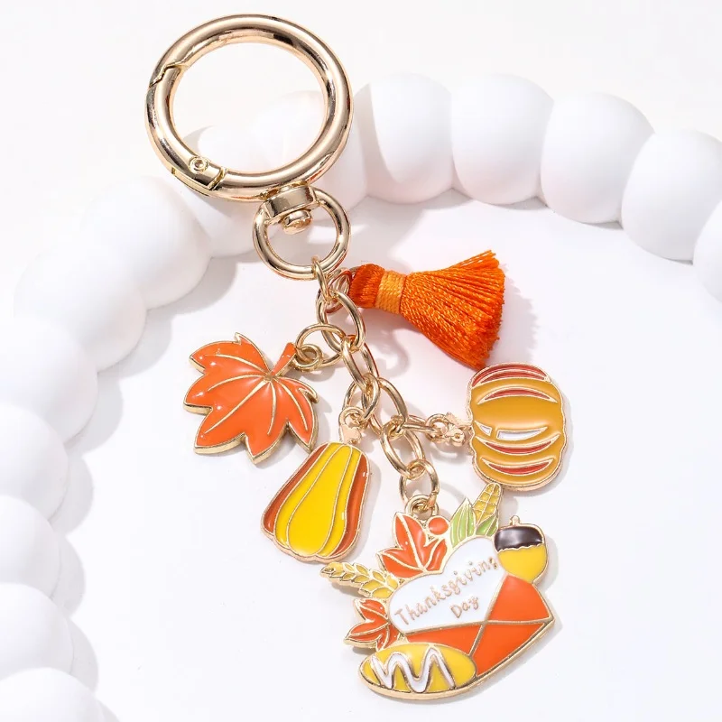 Niedliche Sonnenblumen-Kürbis-Ahornblätter, Fuchs, Pilz, Haus, Emaille-Schlüsselanhänger, Türkei-Anhänger für Damen und Herren, Thanksgiving-Geschenk
