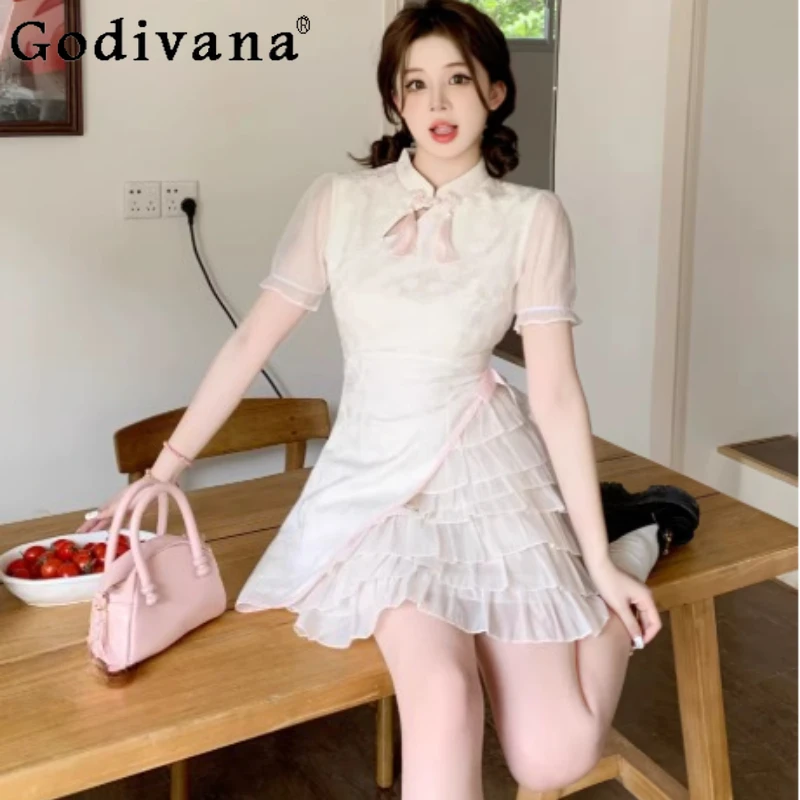 

Spring Large Size New Chinese High Waist Sweet Princess Cake Dresses Fashion Girl Short Sleeve Stand-up Collar Cheongsam Dress