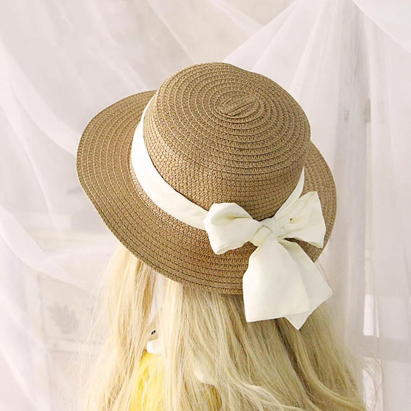 Fashion Bow Kids Straw Sun Hats Kids Girls Summer Beach Hats 50-52-54cm Children Flat Visor Caps Sun Protection