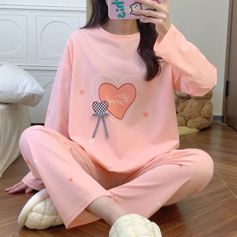 Women Pajamas Spring Pure Cotton Long-Sleeved Korean Style Round Neck Pajamas Suit Female Sweet Cute Loose Homewear Set 2024