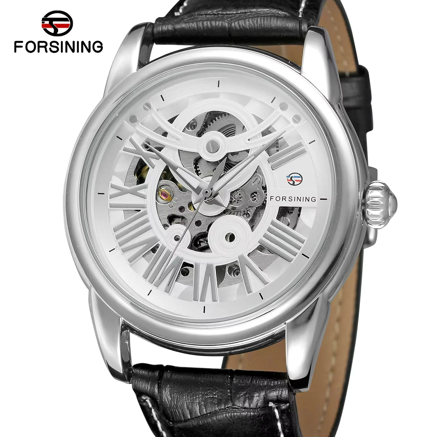 FORSINING Silver watch Hollowed-out beetle shape Pattern Roman digital mechanical leather strap Wrist watch for men and women