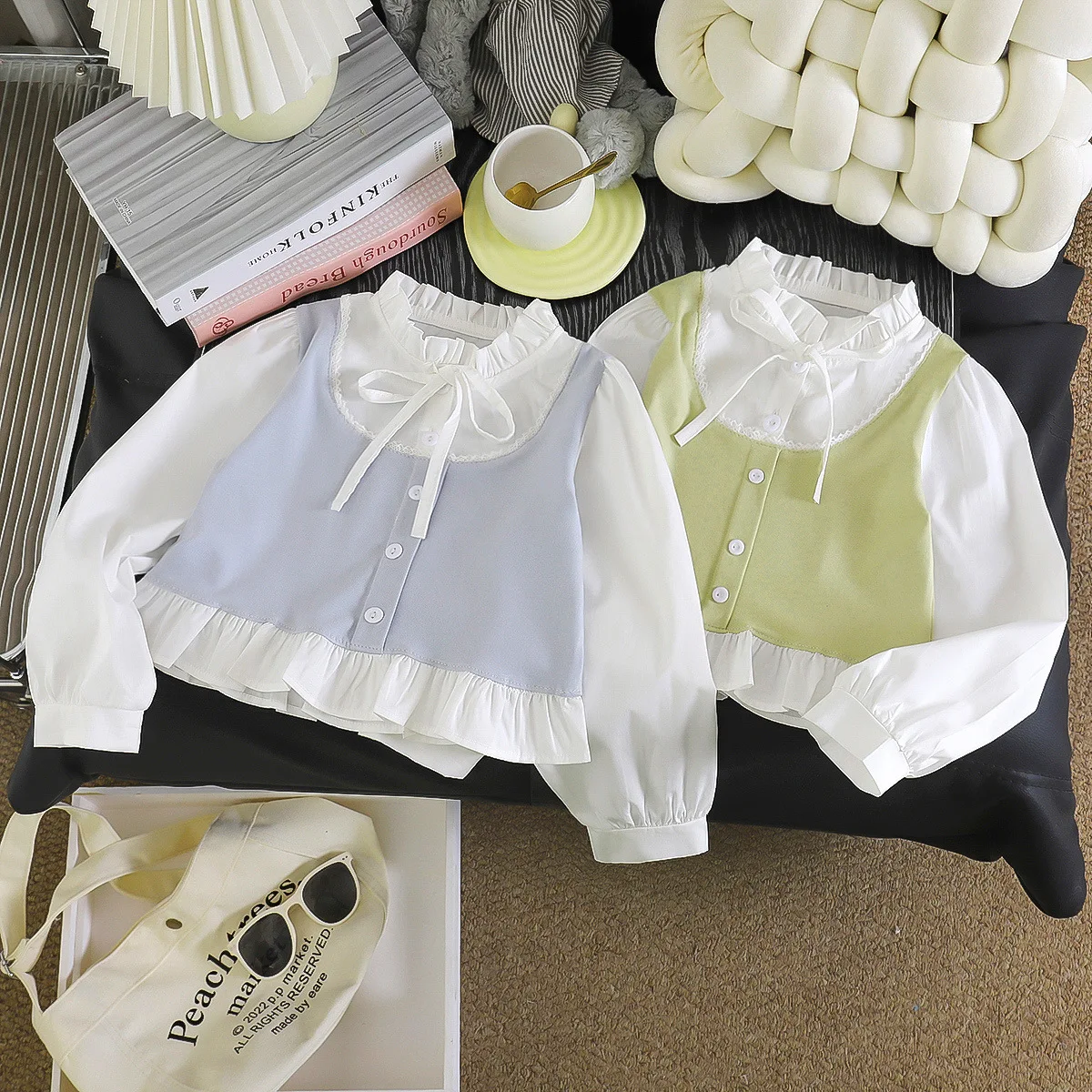 Sweet Versatile Fake Two Piece T-shirt Spring Summer Girls Lace Bow Shirt New Korean Children's Fashionable Stylish Base Shirts