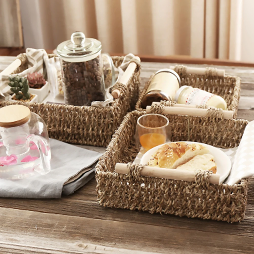 

Safe 29x29x9cm Wooden Handle Straw Basket Simple Storage for Cosmetics Keys Sundries Home Office Desk Desktop Basket