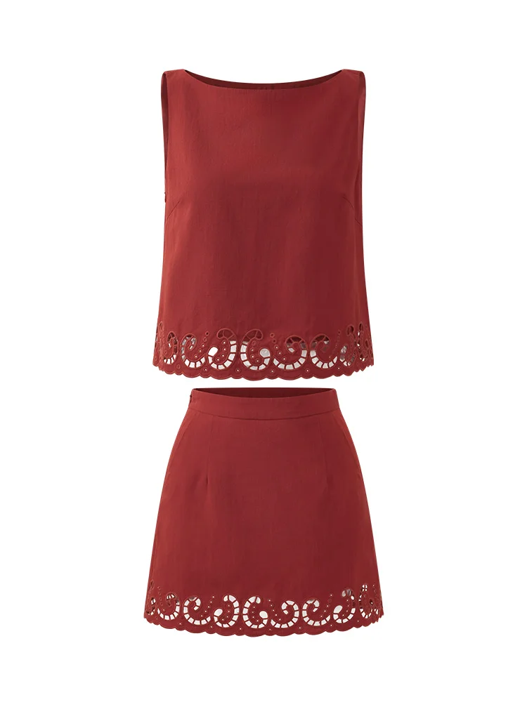 Linen Lyocell Embroidered 2 Piece Set Women Summer Vintage Hollow Out Vest Top High Waist A-Line Mini Skirt Matching Outfit