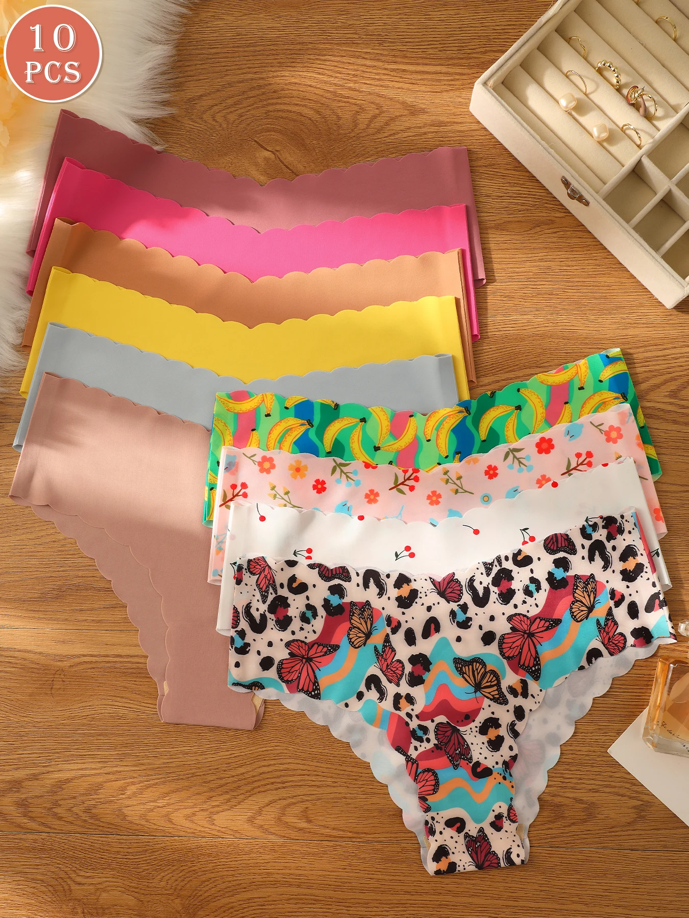 10pcs/Pack Women Seamless Wavy Trim Comfortable Sexy Triangle Panties