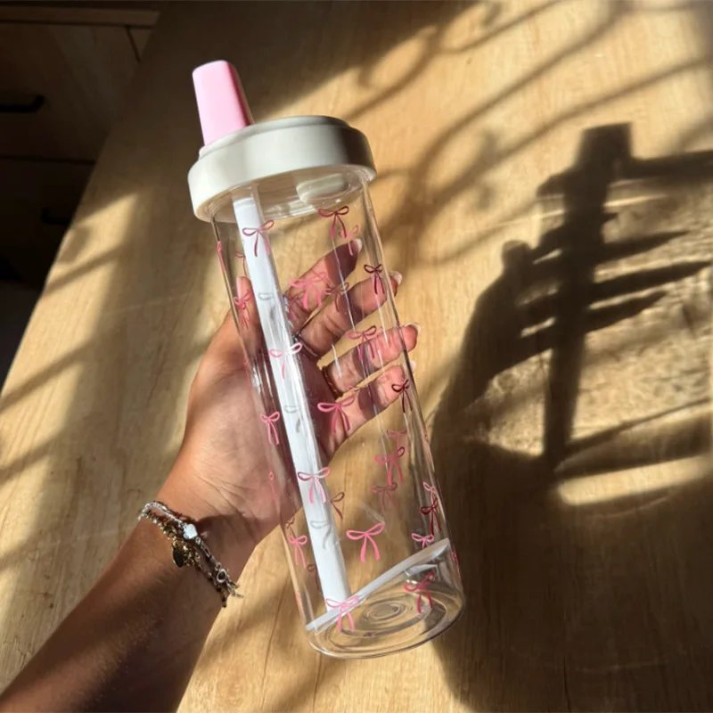 Leak-proof  Water Cup 750ml Large Capacity Pink Bow Print Tumbler Water Bottle with Straw Lid Girly Attractive Drinking Cup view 5