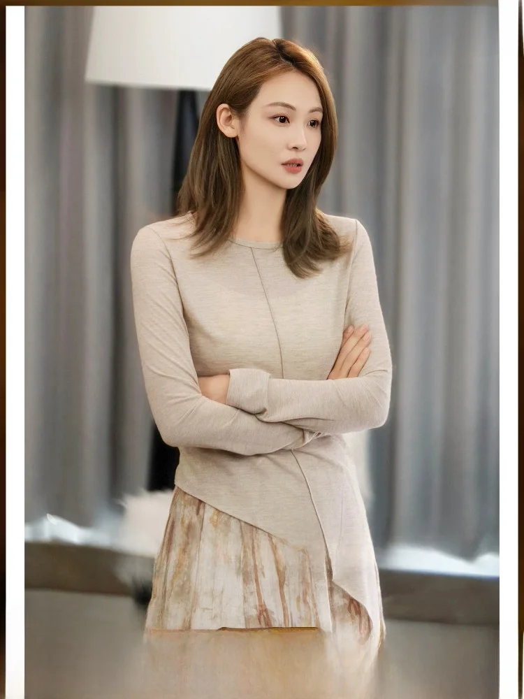 

MeiYang O-Neck Long Sleeve Asymmetrical Design Polyester Fiber Women's Fashion Top Regular Length Spring Season Single Piece