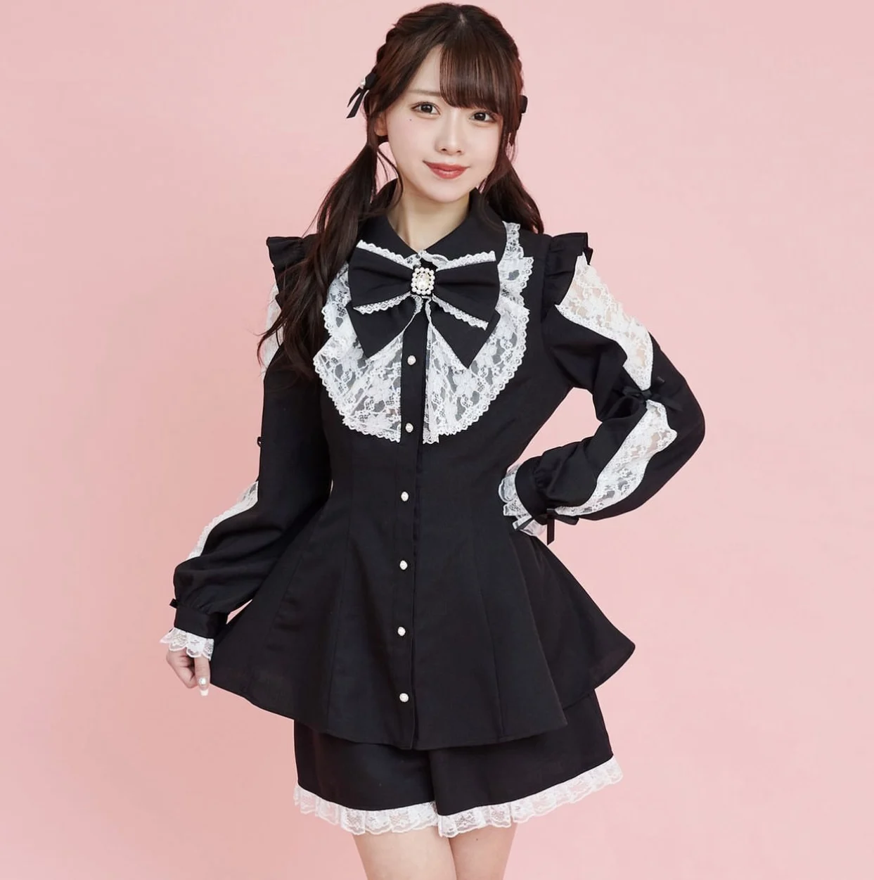 

Japanese New Mine Long Sleeve Sweet Lace Stitching Bow Blouse Dress and Shorts Two-Piece Set Women Girls Lolita SC Suit Outfits