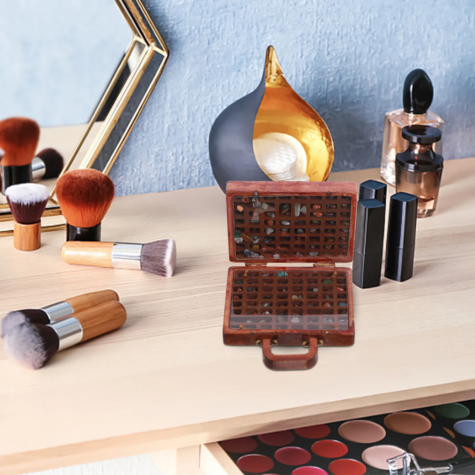 

Stone Storage Box Mineral Display Suitcase Rock Organizer Wooden Holder Compartment Treasure Case Lightweight Compact