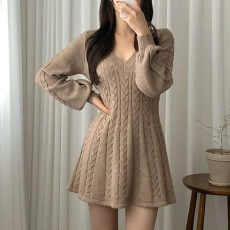 

Woman Solid Mini Dress Y2K A Line Flared Long Sleeves Knitted Dress Women Basic Autumn Winter Streetwear Chic Vintage Dress Robe