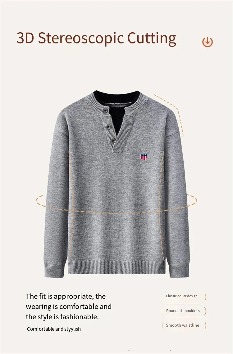 Hochwertiger Herren-Langarm-Pullover Strickware V-Ausschnitt Farbblockierung Falsches Zweiteiler-Design Stickerei Modische Freizeitkleidung für Männer – Detail 4